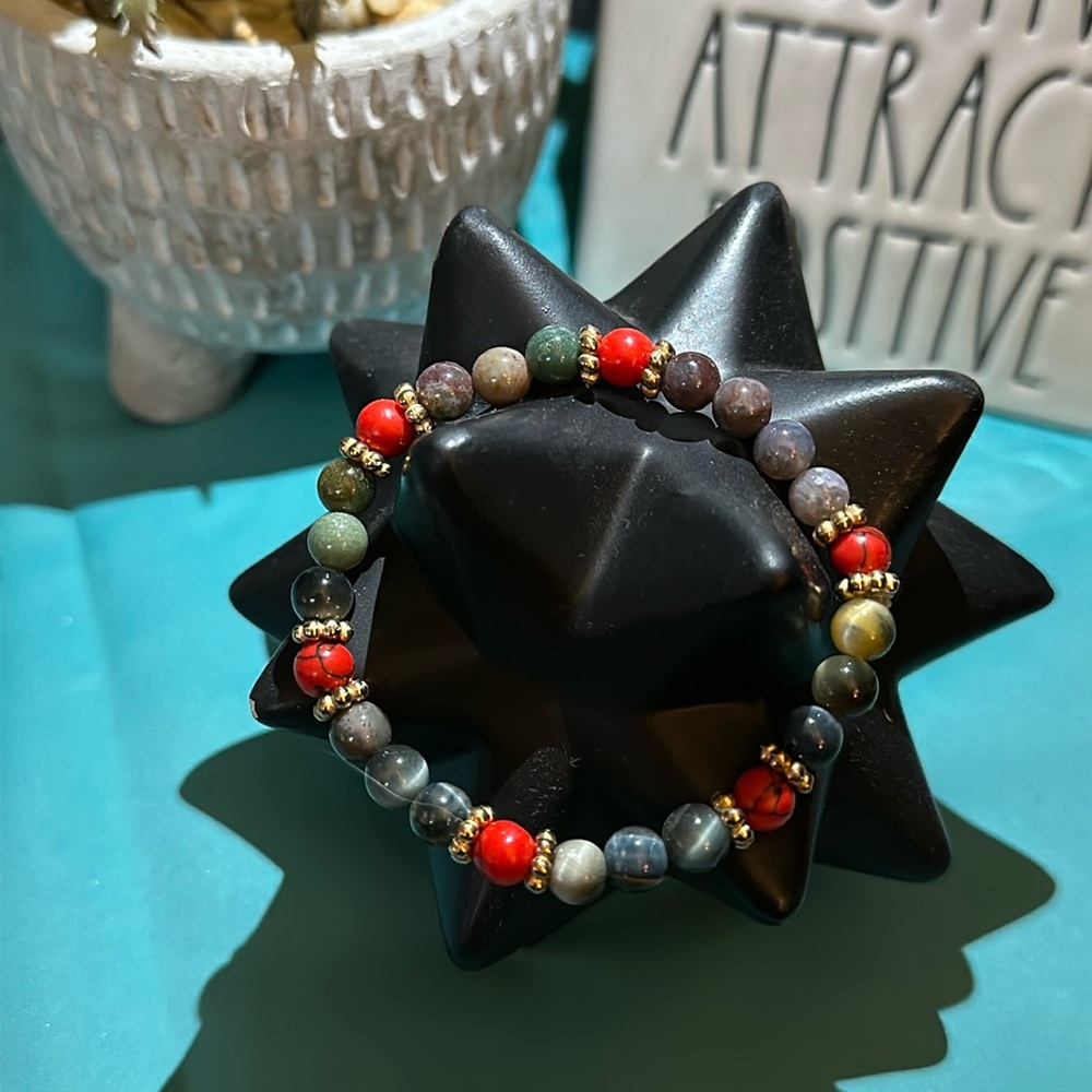 HAND CRAFTED Red Turquoise and Natural Dream Tiger Eye Agate Stone  Bracelet